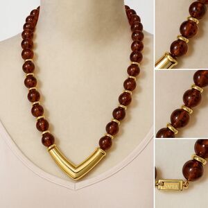 Napier Amber Resin Bead Necklace Gold Tone V Center Marked Vintage 24"